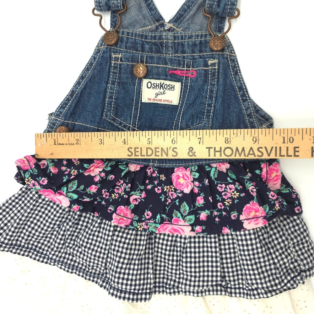 OshKosh B'gosh Girls Denim Overall Dress Floral Gingham Eyelet Tiered 18 Months - Picture 5 of 5